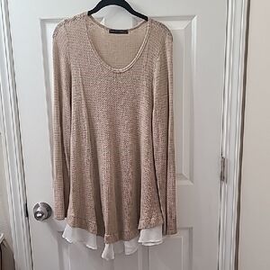 Beige/Grey Knit Sweater with Sheer Ivory Hem